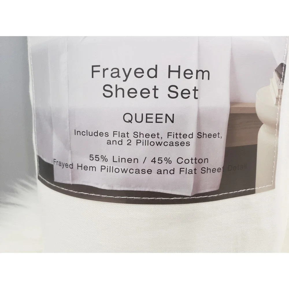 Sixth + Pine White Frayed Hem Queen Sheet Set 4pc Linen Cotton Blend‎ NEW